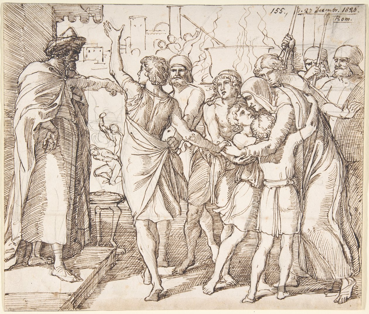 Het martelaarschap van de zeven broers; verso: schets van twee worstelende mannen (?) door Julius Schnorr von Carolsfeld