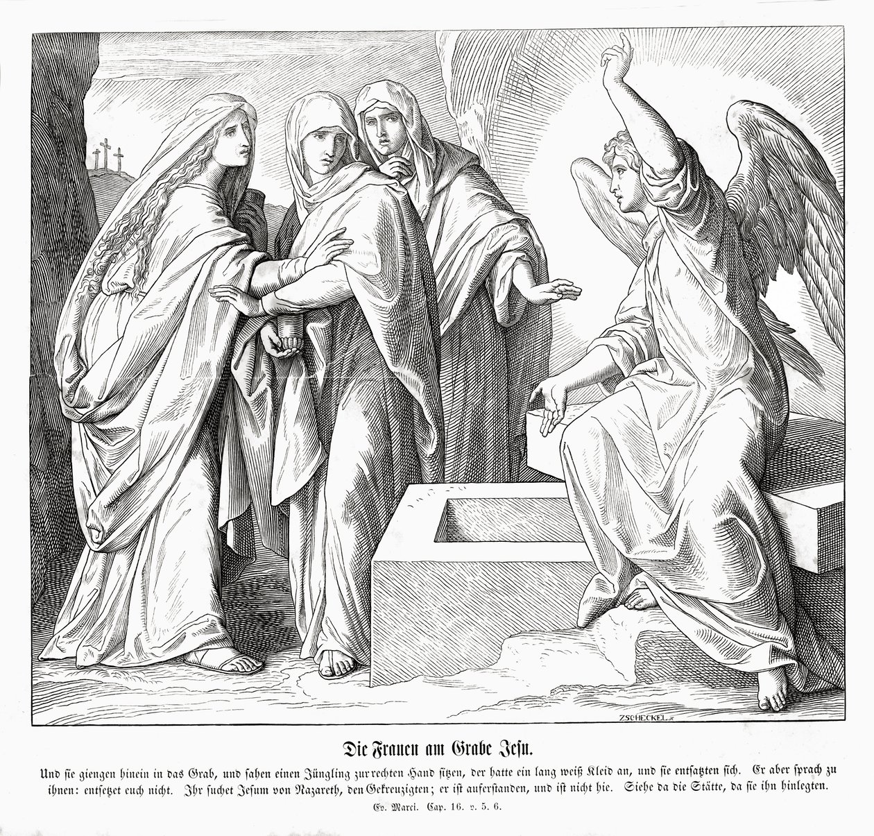 De vrouwen bij het graf van Jezus, Evangelie van Marcus door Julius Schnorr von Carolsfeld