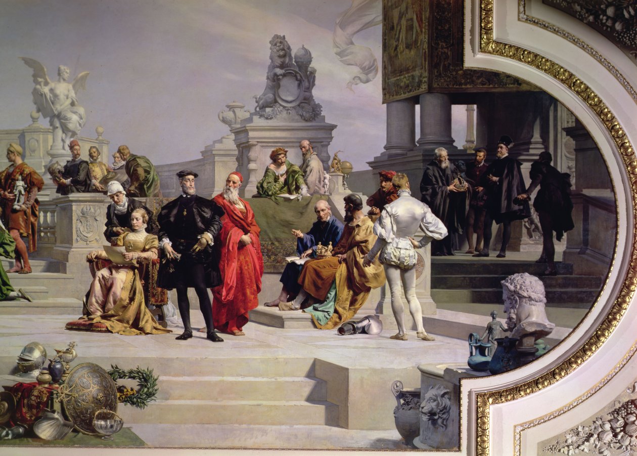 Patronage van de kunsten door het Huis Habsburg: linker gedeelte van een plafondschildering, 1891 door Julius Victor Berger