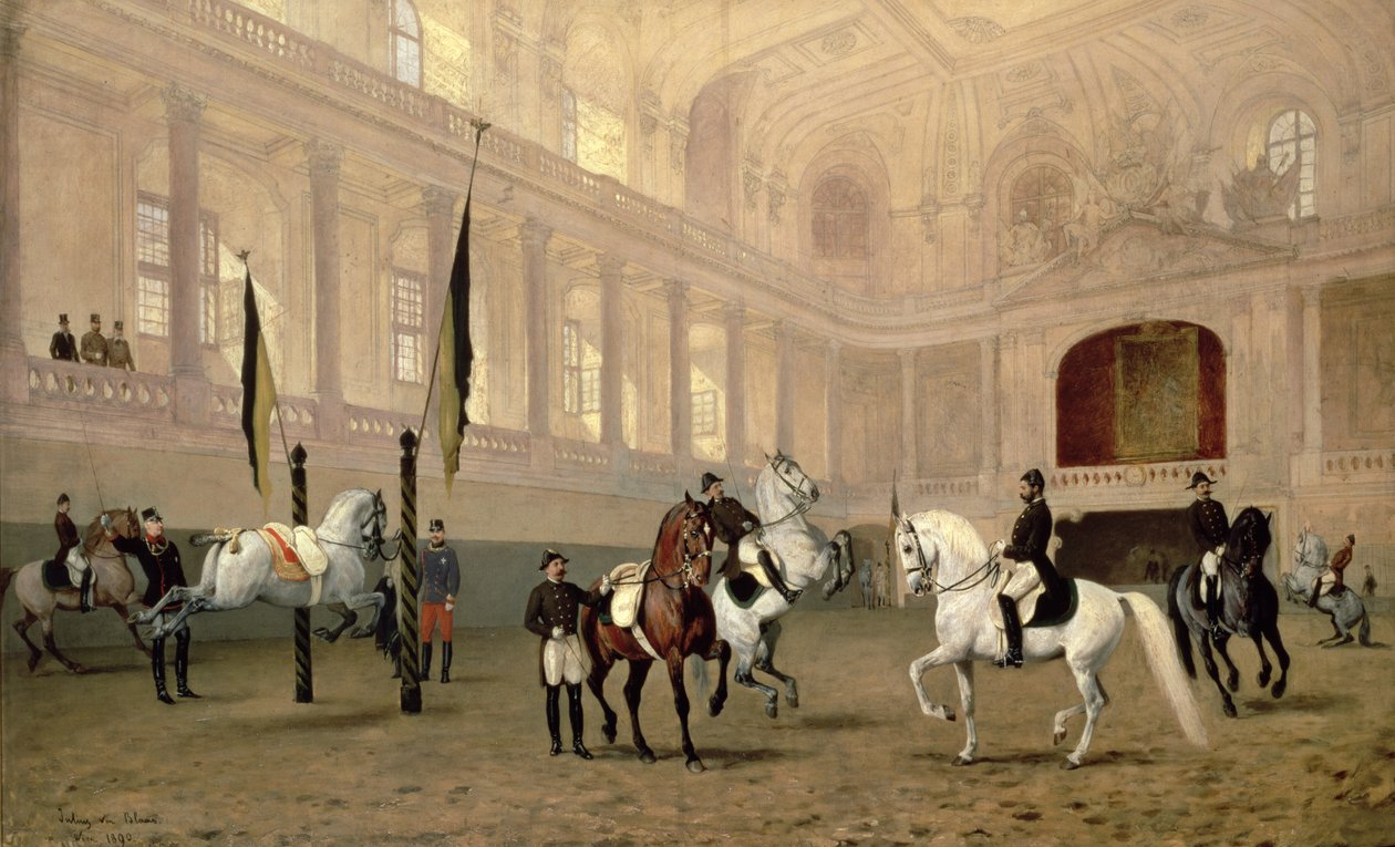 Ochtend Oefening in de Hofreitschule, Josephsplatz, 1890 door Julius von Blaas  