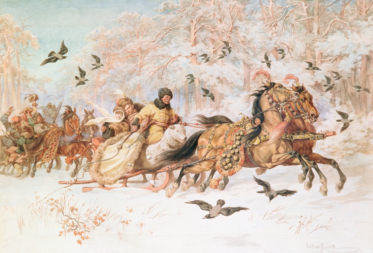 Olenka en Kmicic bij Kulig, ca. 1887 door Juliusz Fortunat Kossak