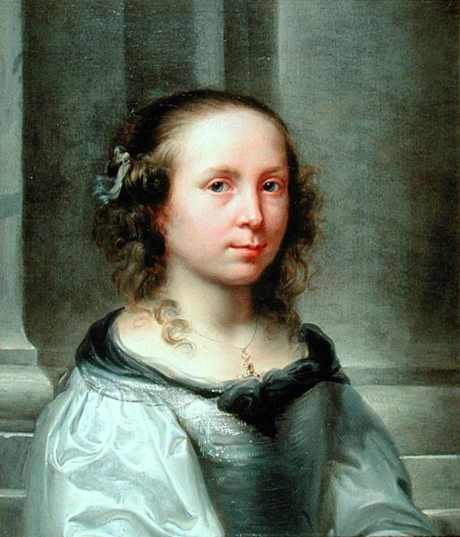Portret van een meisje met een waakzame of behoedzame blik door Jurgen (attr. to) Ovens