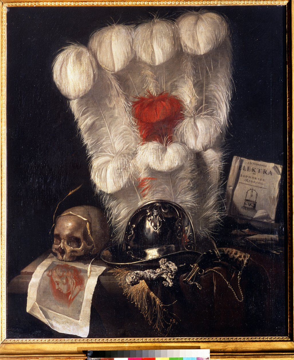 IJdelheid met schedel omringd door een korenaar, helm, dolk, hoorn, veren en een exemplaar van 