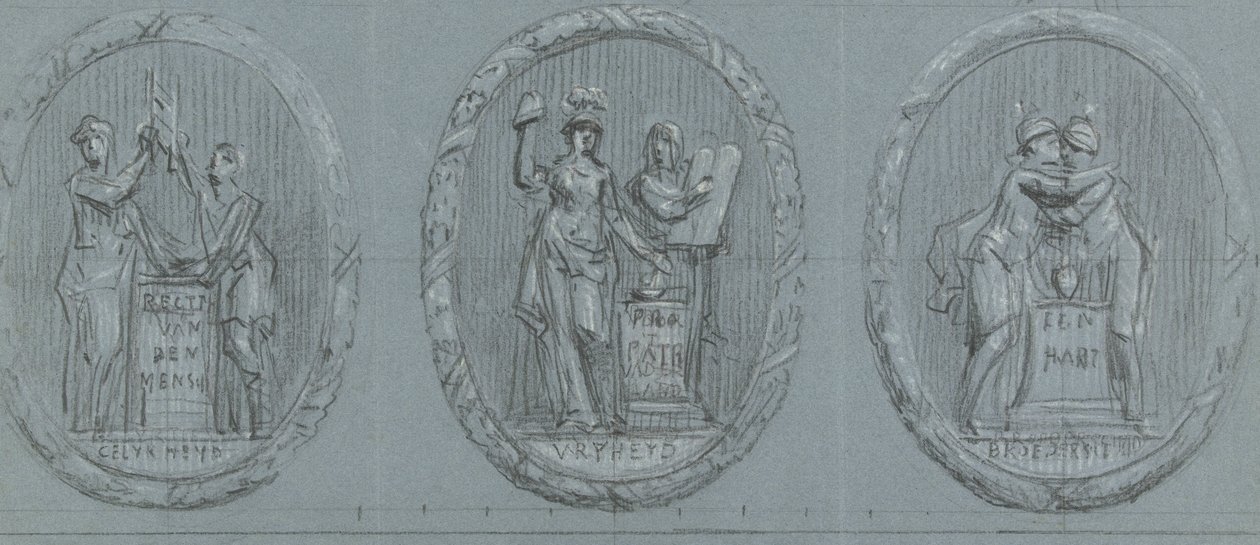 Ontwerpen voor drie medaillons: Vrijheid, Gelijkheid en Broederschap door Jurriaan Andriessen