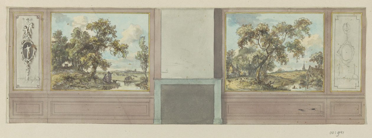 Ontwerptekening voor een kamerwand met schouw door Jurriaan Andriessen