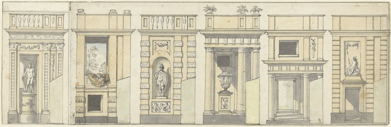 Zes ontwerpen voor een decoratiewand door Jurriaan Andriessen