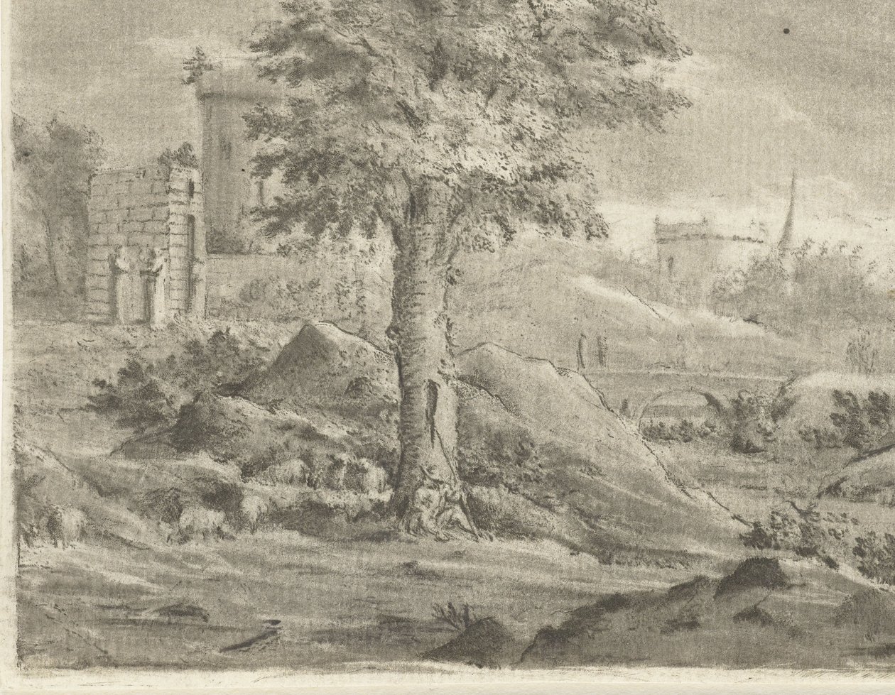 Landschap met herder en schapen door Jurriaan Cootwijck