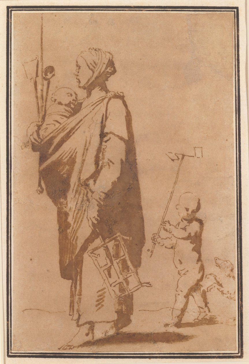 Een moeder die een kind en keukengerei draagt, gevolgd door een jongen en een hond door Jusepe de Ribera