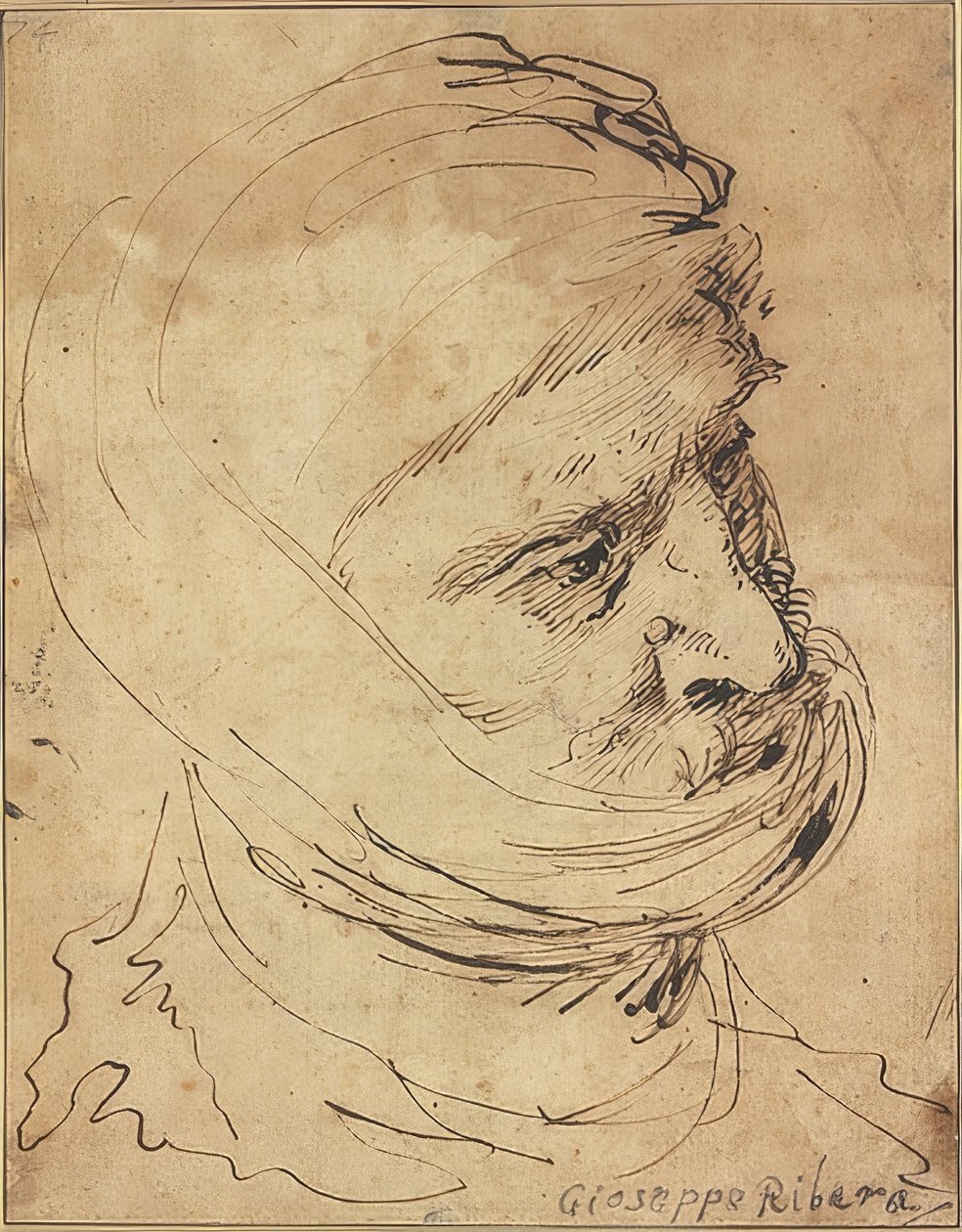 Baardig hoofd, met doek om de kin gebonden door Jusepe de Ribera