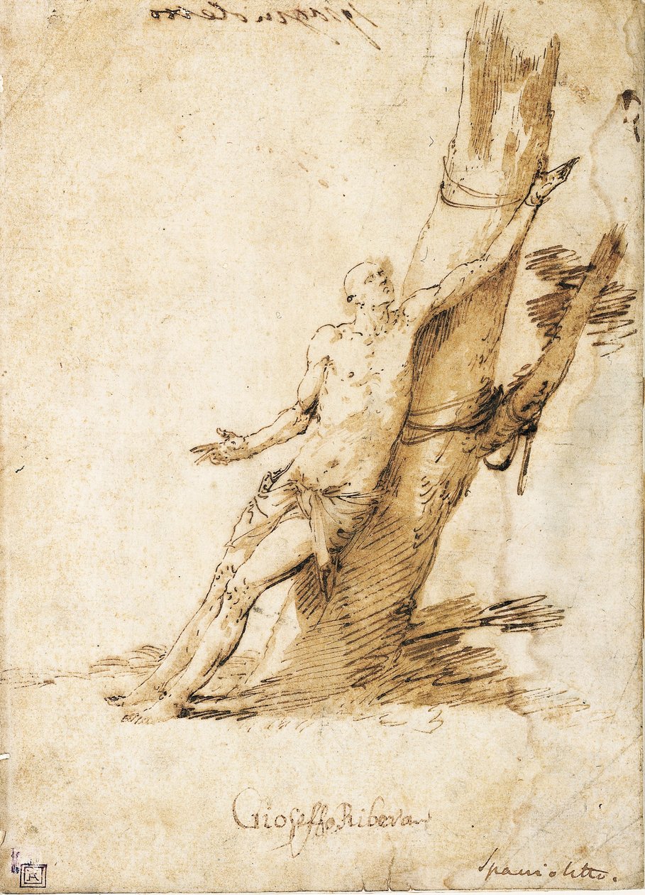 Sint Sebastiaan vastgebonden aan een boom, kijkend naar rechts door Jusepe de Ribera