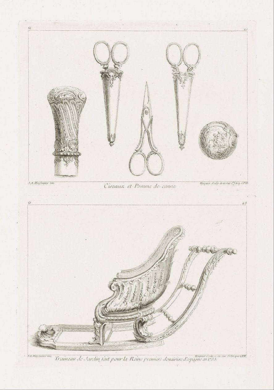 Ontwerp van schaar en wandelstokknop door Juste Aurèle Meissonnier