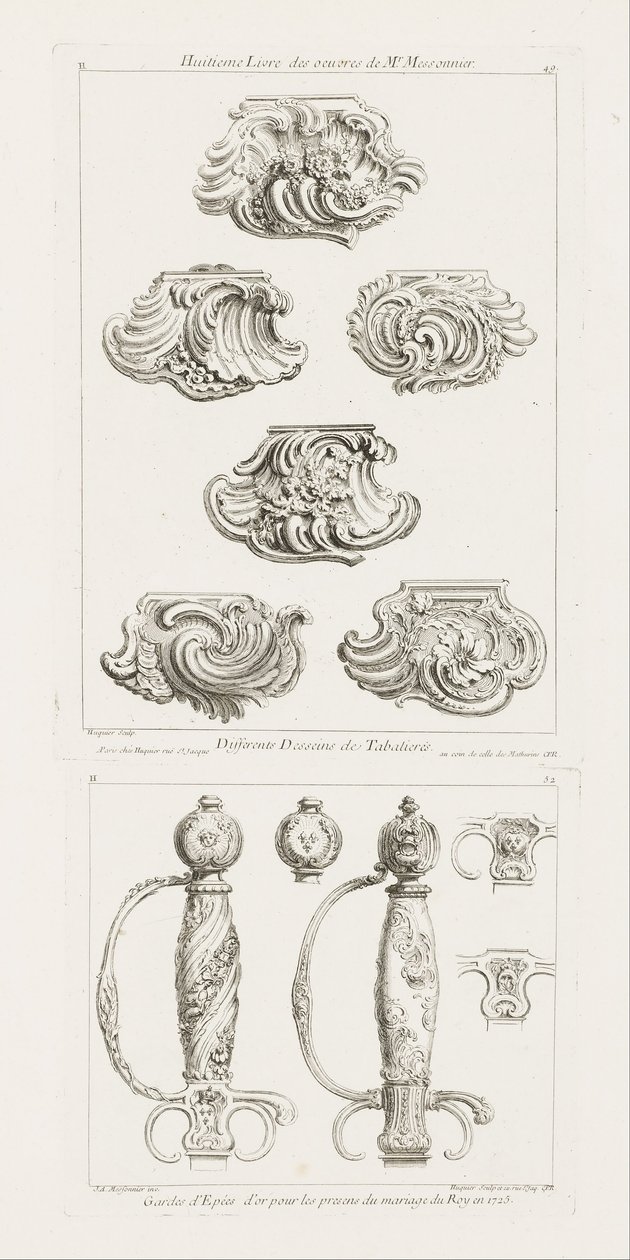 Differents Desseins de Tabatieres, eerste plaat (Verschillende ontwerpen voor snuifdozen), p. 49 in Oe... door Juste Aurèle Meissonnier