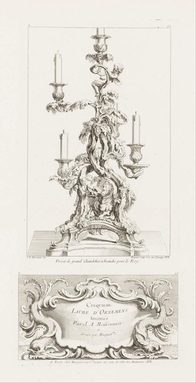 Ontwerp van grote kandelaar voor de koning, kandelaar met vijf armen en een draak, 2e plaat door Juste Aurèle Meissonnier