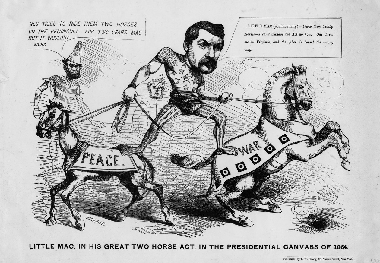 Little Mac, in zijn grote tweepaardenact, in de presidentiële campagne van 1864, uitgegeven door T.W Strong, New York, c.1864 door Justin Howard