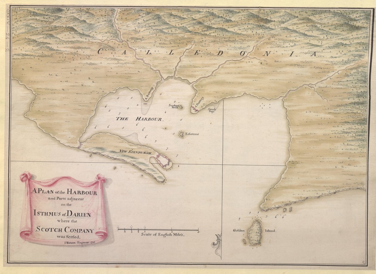 A PLAN of the HARBOUR and Parts of adjacent on the ISTHMUS of DARIEN where the SCOTCH COMPANY was settled. / I. Watson: Ingenieur: 1743. door Justly Watson