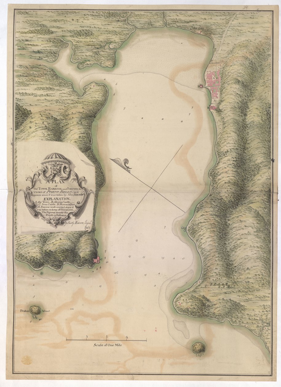 Een plattegrond van de stad. HARBOUR en FORTIFICATIES van PORTO BELLO. zoals het er uitziet sinds het werd ingenomen door Adm: VERNON / Door Justly Watson; Enginr: 1742. door Justly Watson