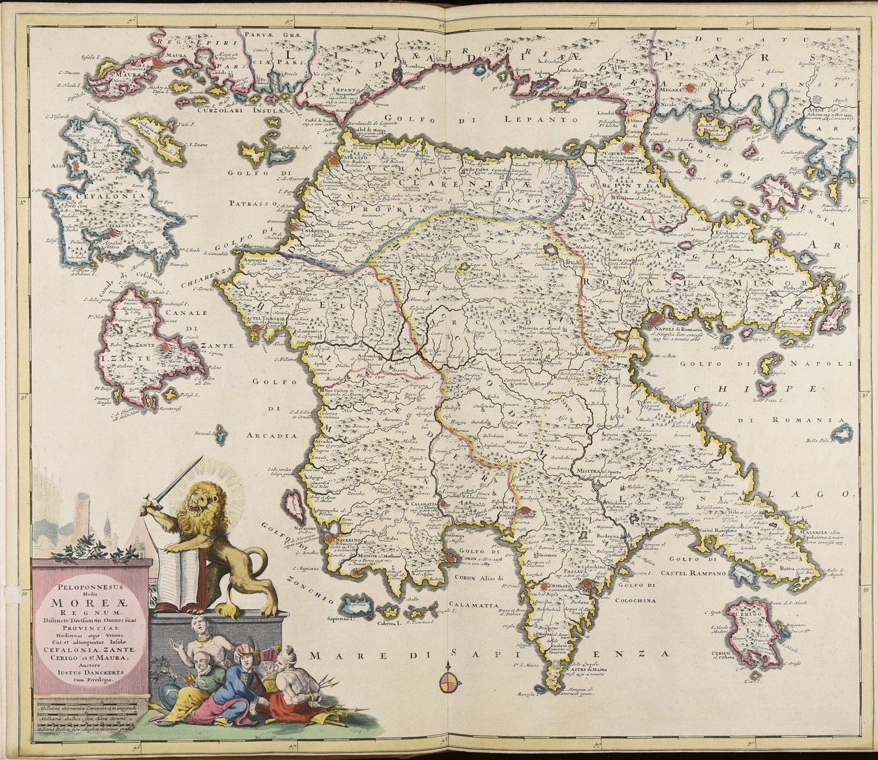 Peloponnesus tegenwoordig het koninkrijk Morea, duidelijk verdeeld in al zijn huidige en oude provincies, met toevoeging van de eilanden Cefalonia, Zante, Cerigo en S.t Maura / auteur Iustus Danckerts door Justus Danckerts