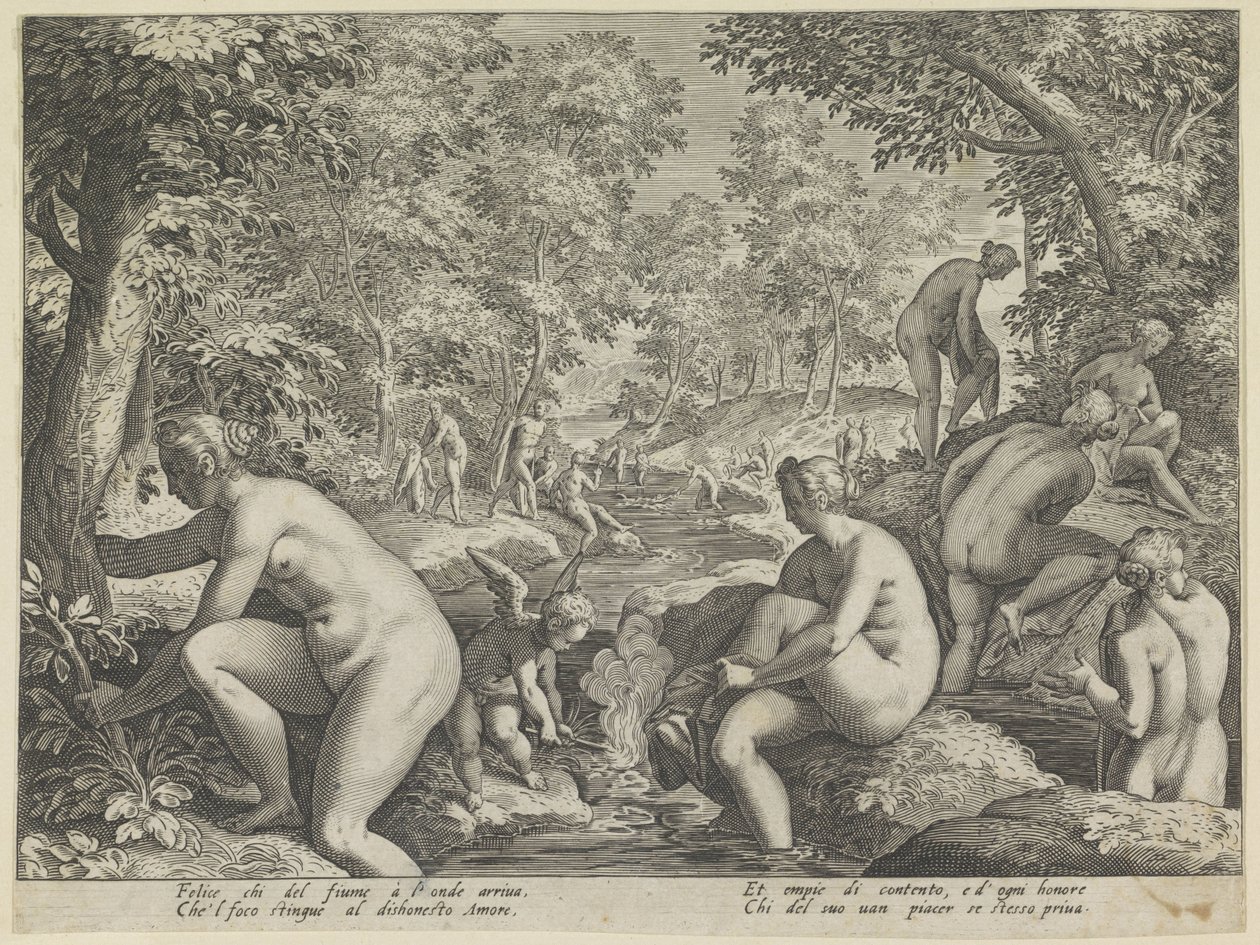 Badende vrouwen en mannen Amore Letheo Verschillende aspecten van de liefde door Justus Sadeler (attributed to)