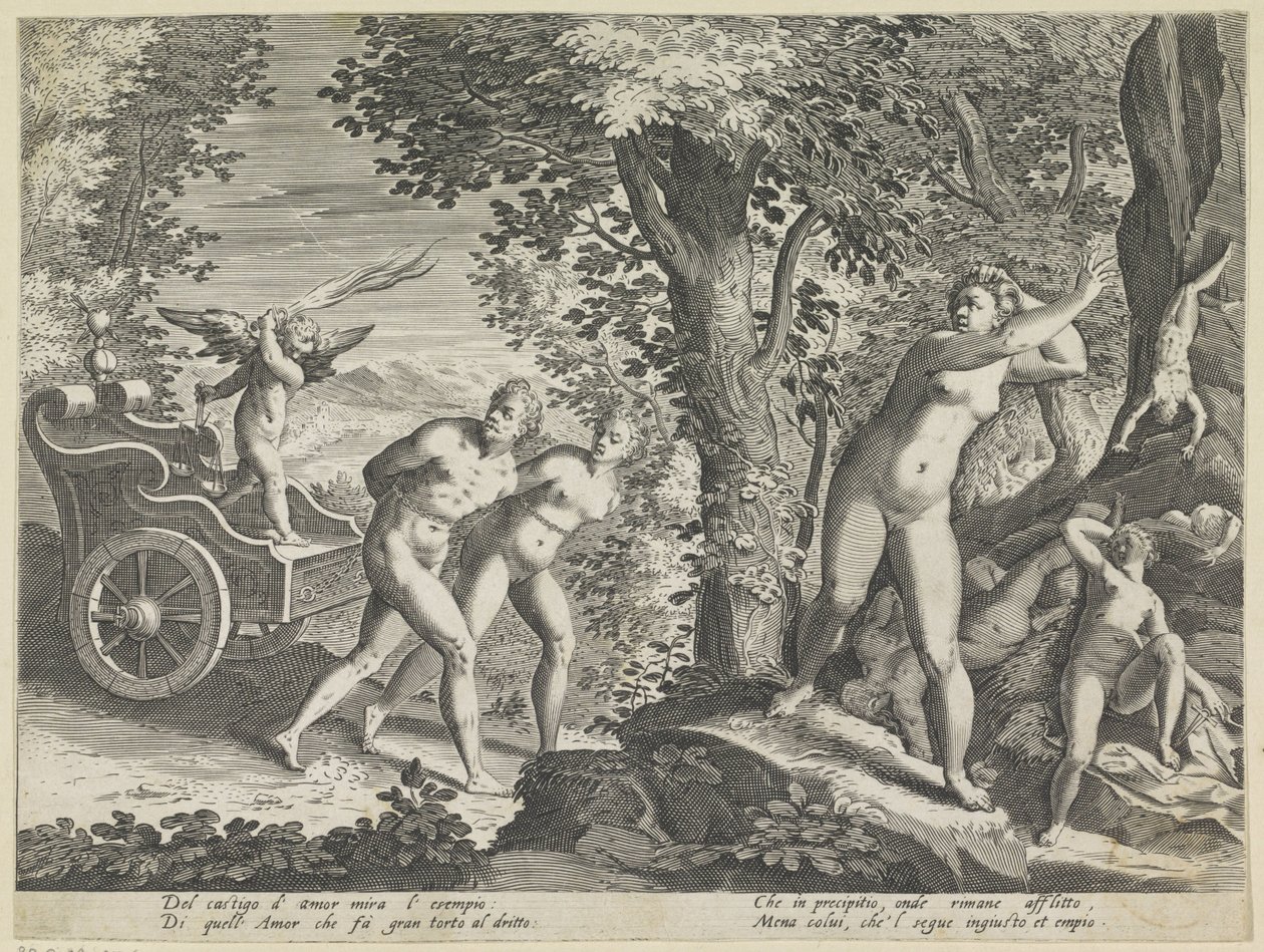 Naakten voortgejaagd door Amor door Justus Sadeler (attributed to)