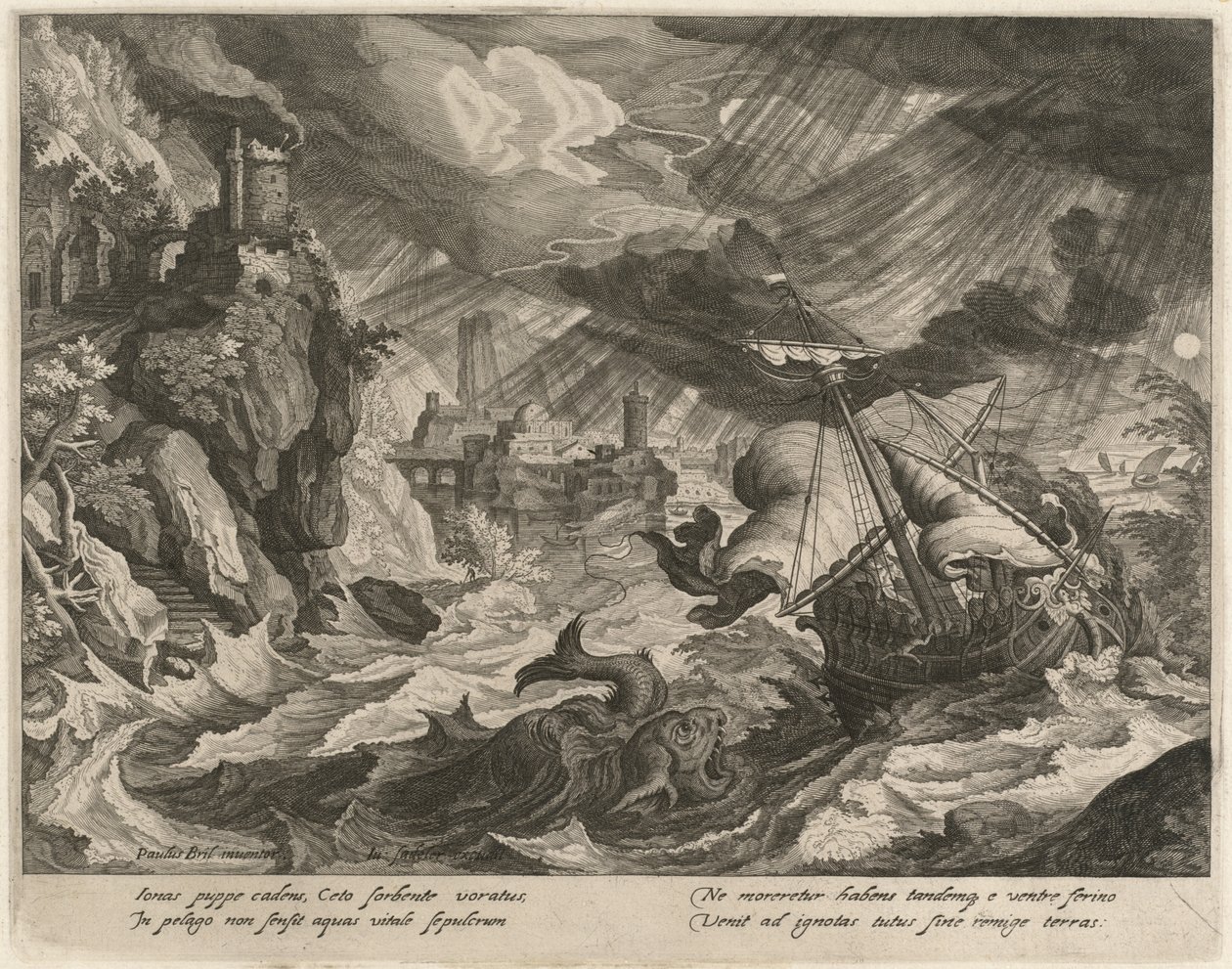 Jona in de Stormachtige Zee Geworpen door Justus Sadeler after Paul Bril