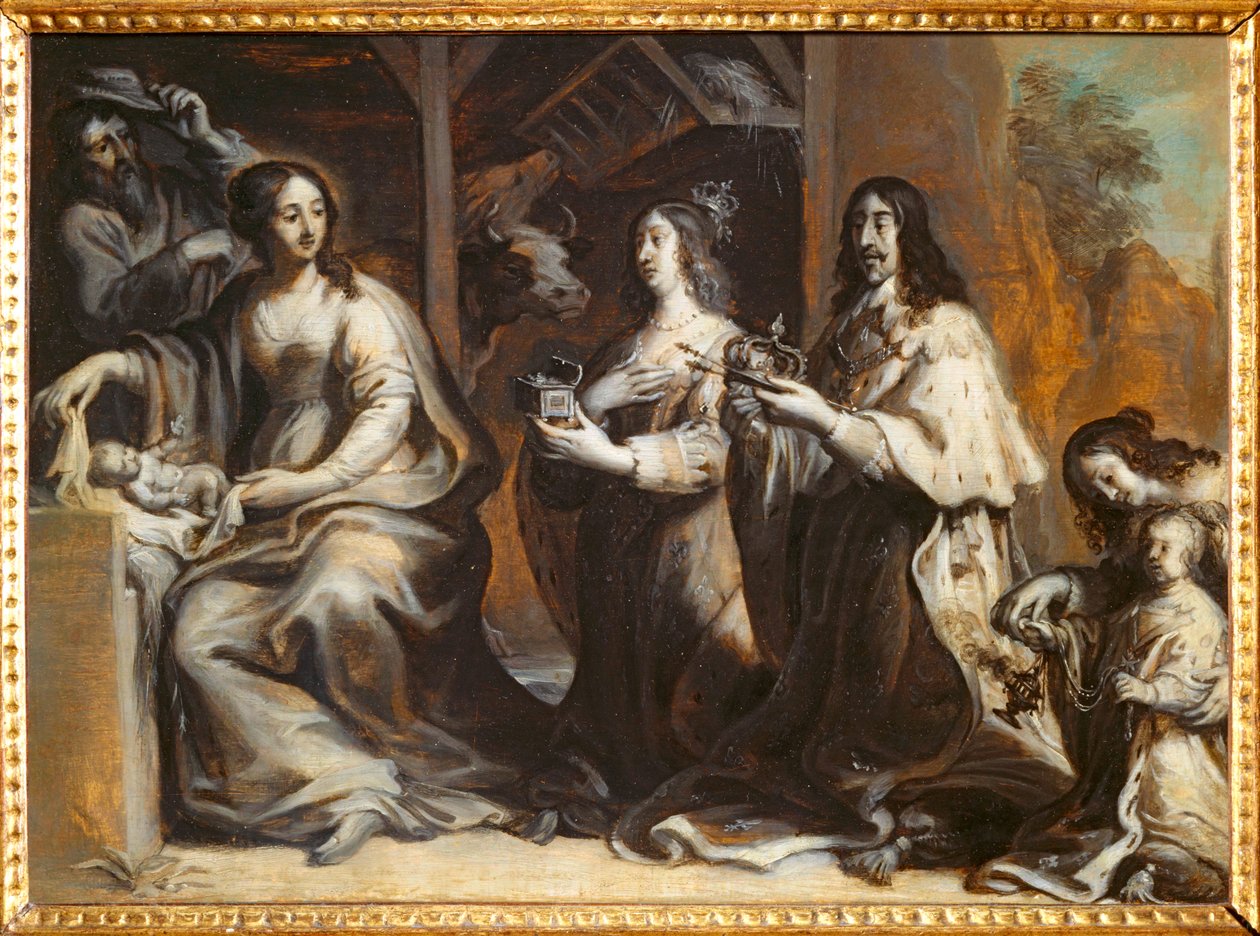 Louis XIII, Anne van Oostenrijk en de kroonprins bidden voor de Heilige Familie - Louis XII ... door Justus van Egmont