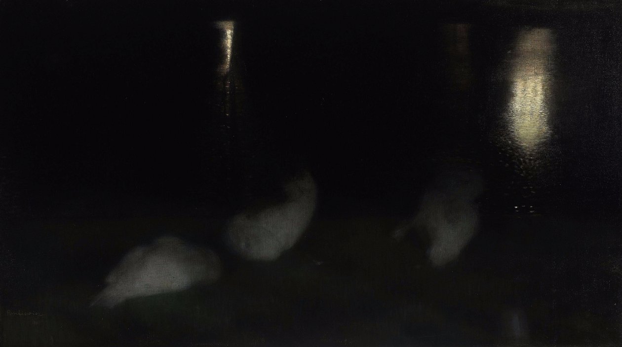 Nocturne. Zwanen in de Saksische Tuin in Warschau bij nacht door Jozef Pankiewicz