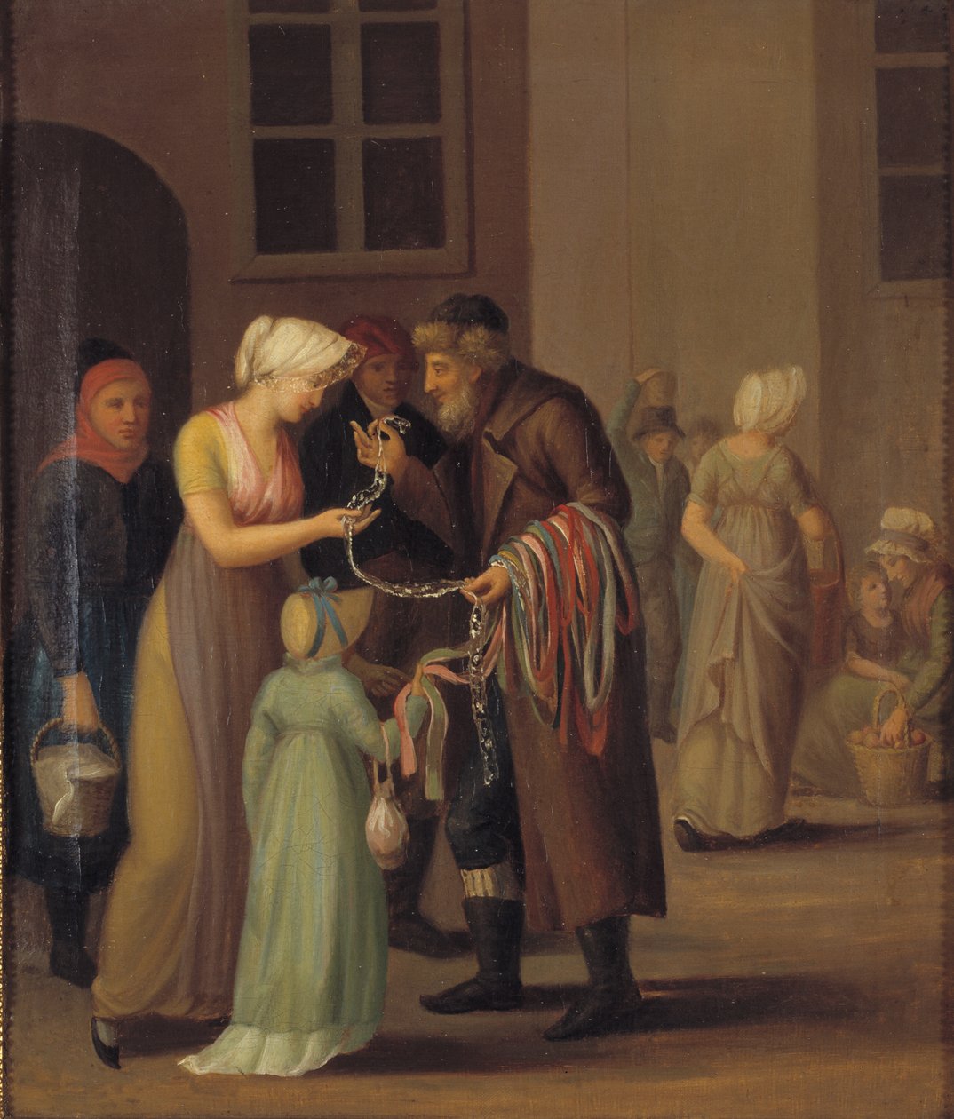 Straatscène in Kopenhagen rond 1800. Piskebåndsjøden verkoopt een Kant aan een Jong Meisje door KMS 3007 Ubekendt
