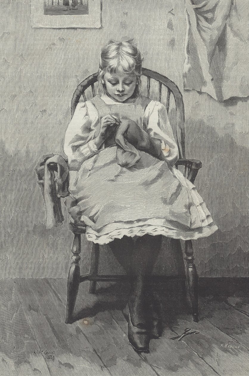 Tiener naaister, gravure door Fortuné Méaulle (1844-1901) door K. McCausland