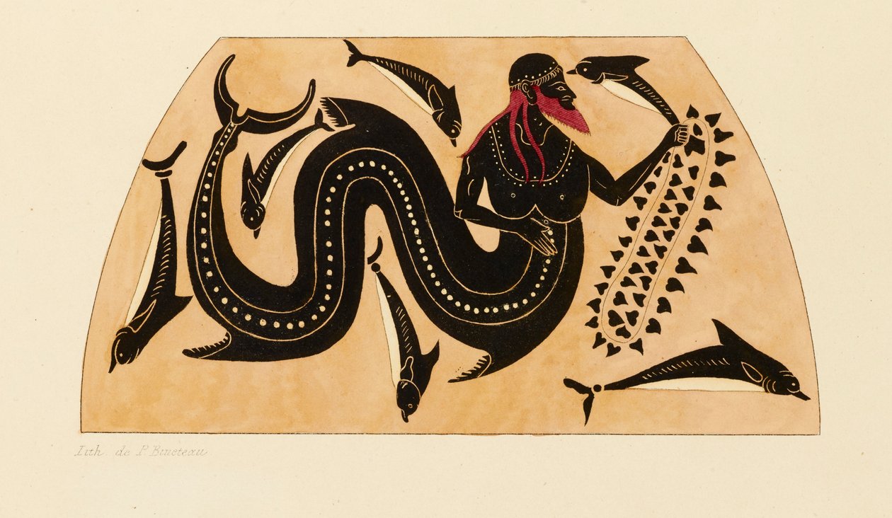 Afdruk van de Decoratie op een Griekse Amphora, met Poseidon vergezeld door Dolfijnen, ca. 1858 door Kaeppelin et Compagnie