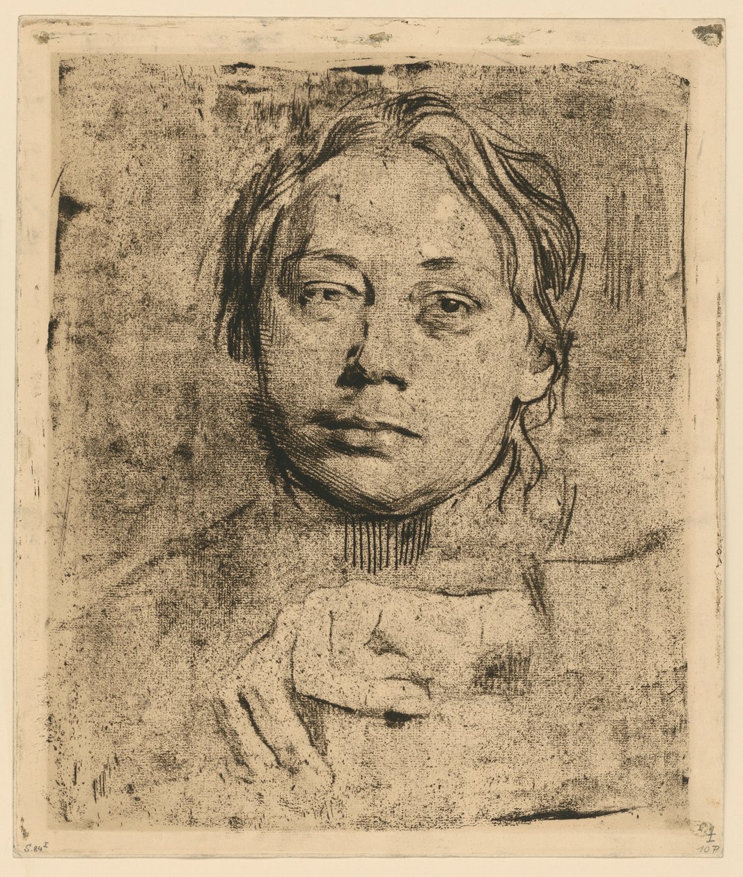 Zelfportret met de linkerhand (1e versie) door Käthe Kollwitz