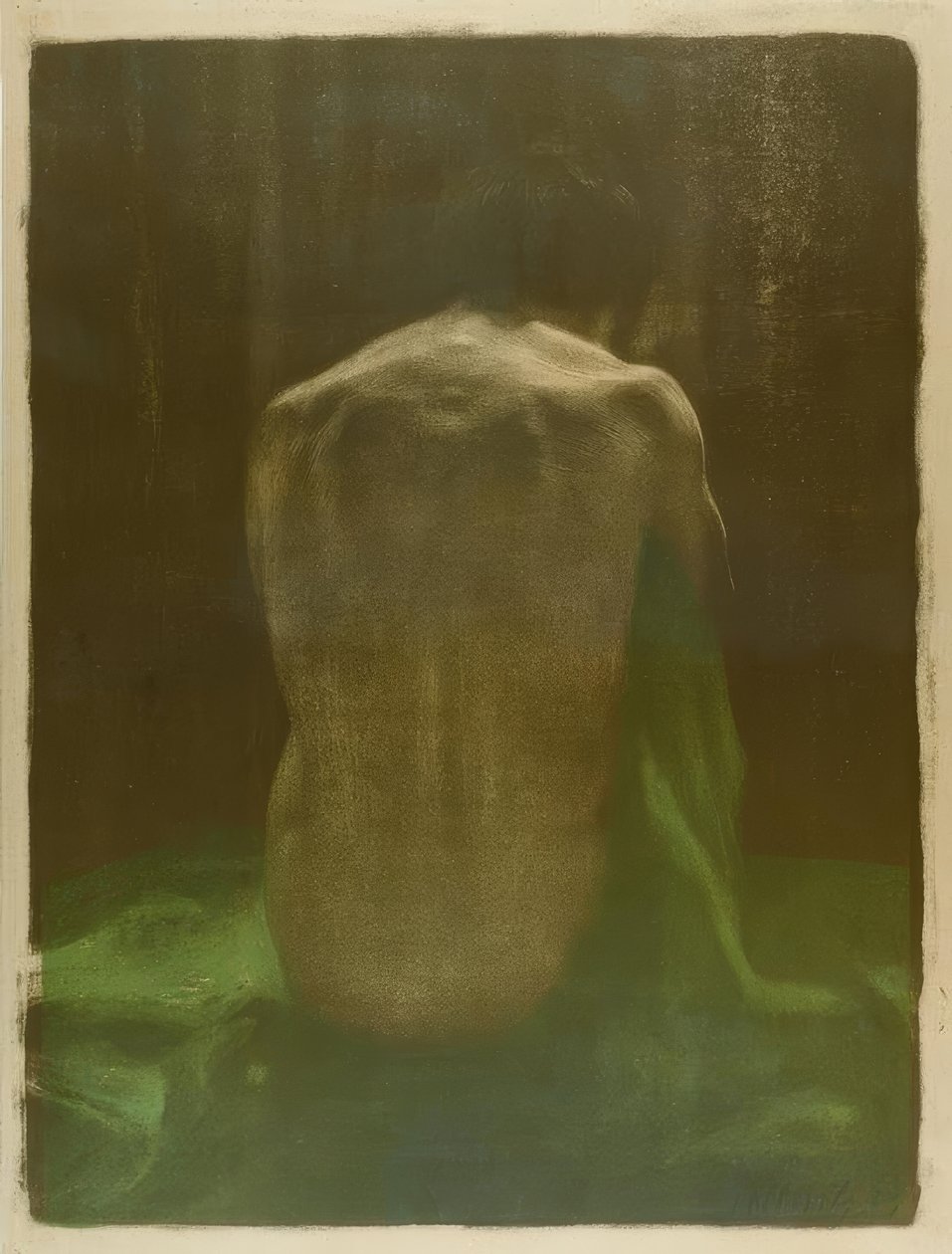 Vrouwelijk naakt van achteren op groene doek door Käthe Kollwitz