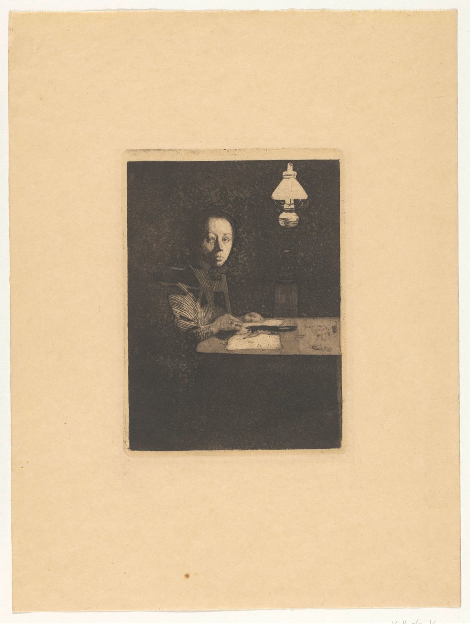 Zelfportret aan tafel door Käthe Kollwitz