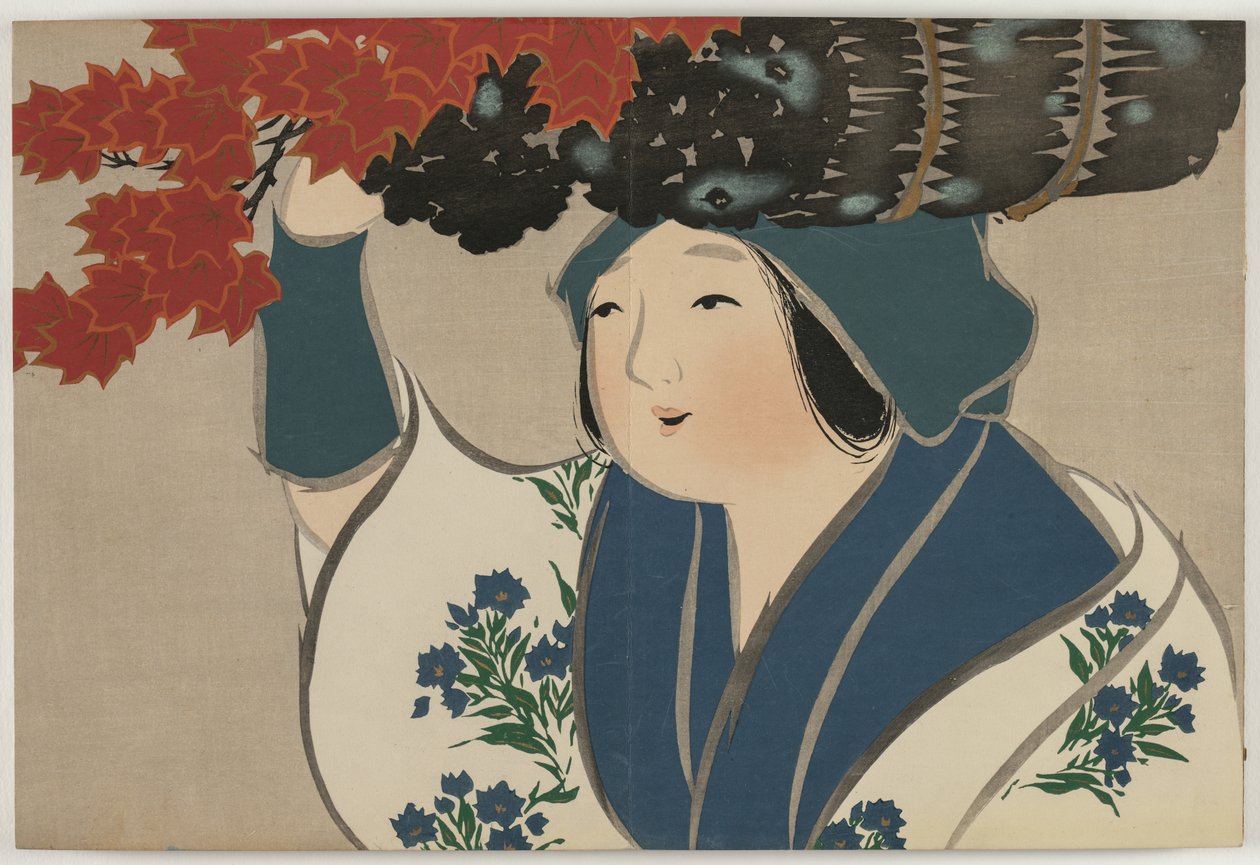 Bloemen van honderd werelden (Momoyogusa): Houtverkoopster (Kurokiuri) door Kamisaka Sekka