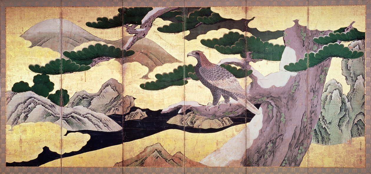 De Haviken in de dennen, 6-delig vouwscherm (pen en inkt, kleur, goud op paneel) door Kano Eitoku