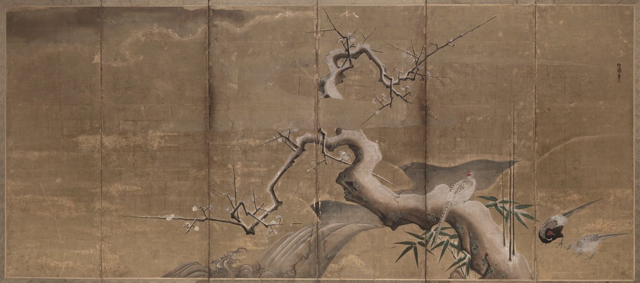 Winterscène met pruimenbomen en fazanten vogels links, begin 1600s door Kano Naonobu
