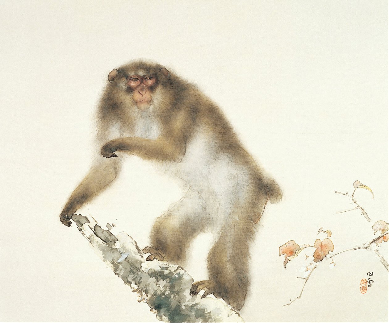 Oude aap met kers in de herfst door Hashimoto Kansetsu
