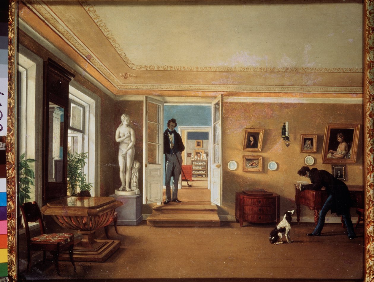 In de kamer (Een man speelt met een hond, terwijl een ander hen observeert). door Kapiton Alekseevich Zelentsov