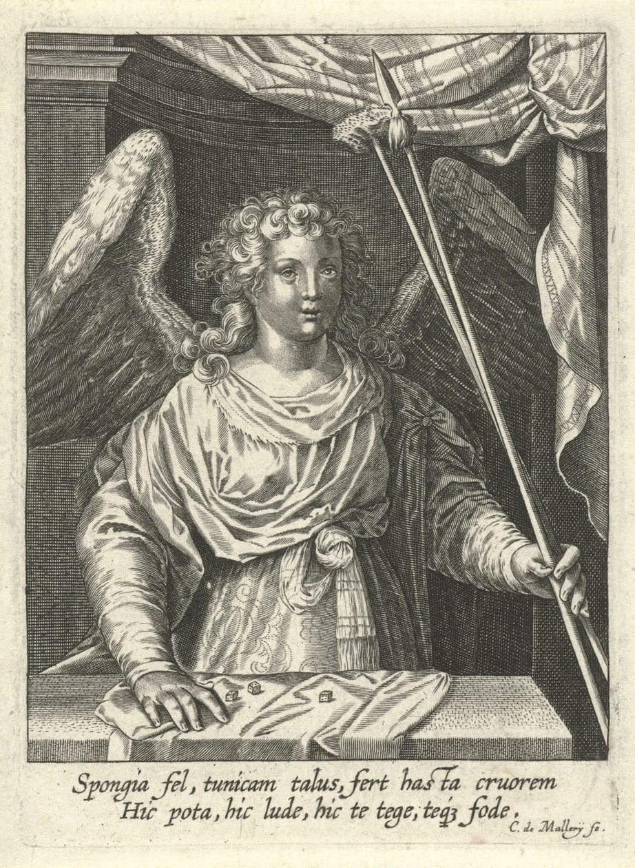 Engel met lans, spons en dobbelstenen door Karel van Mallery