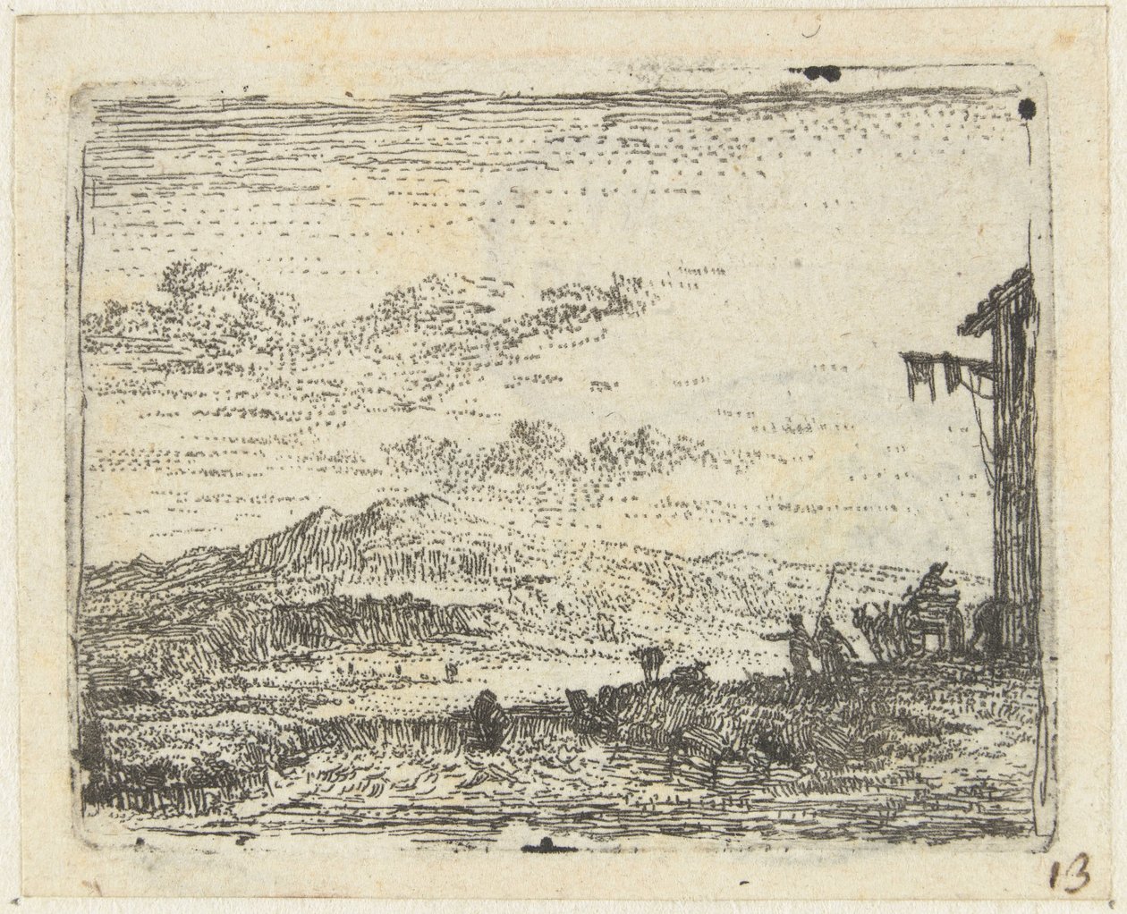 Italianiserend landschap met wagen bij herberg (Kleine landschappen) door Karel Du Jardin