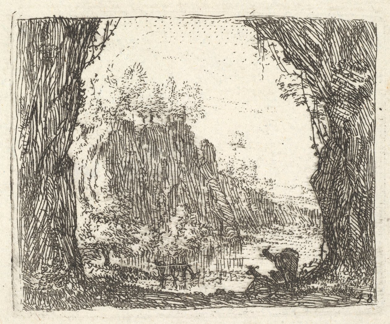 Landschap geflankeerd door bomen in de linker- en rechtervoorgrond, silhouetten van twee geiten door Karel Du Jardin