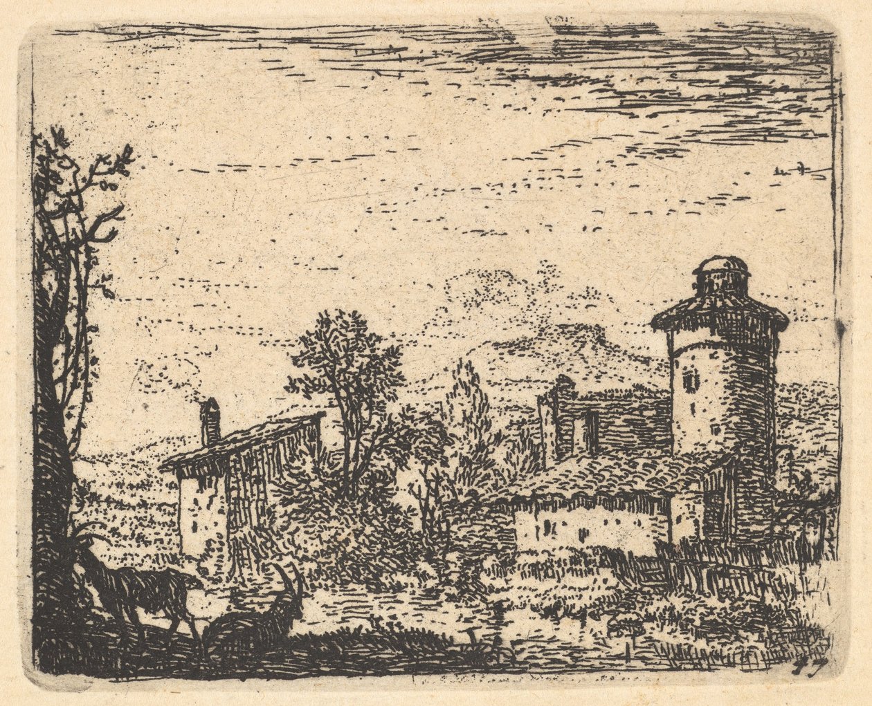 Landschap met twee gehoornde geiten in de schaduw op de voorgrond, dorpsgebouwen daarachter, ca. 1641-78 door Karel Du Jardin