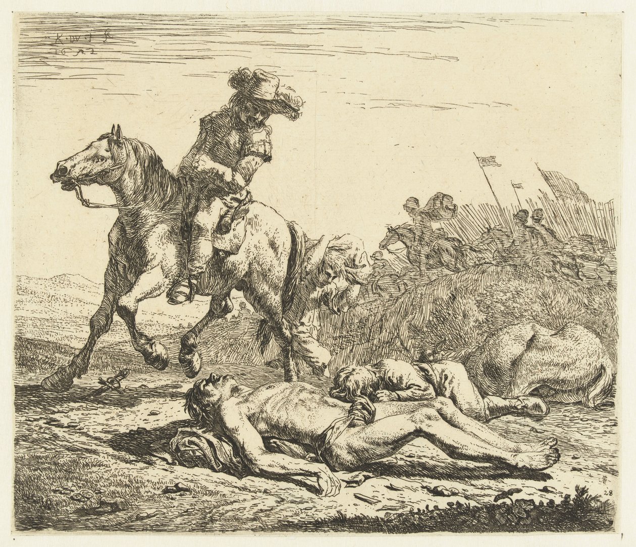 Slagveld met soldaat te paard en twee doden door Karel Du Jardin