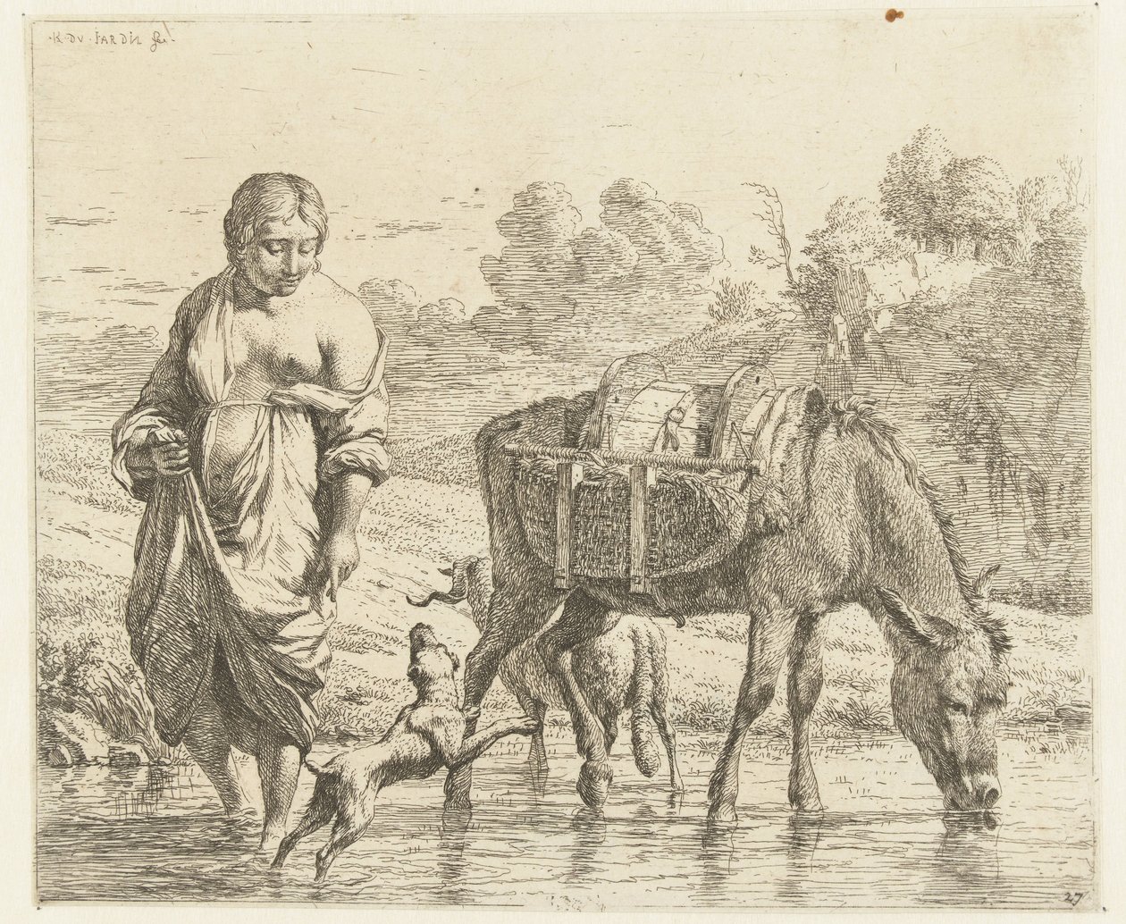 Vrouw en ezel staan in ondiep water, een hond springt op voor haar voeten door Karel Du Jardin