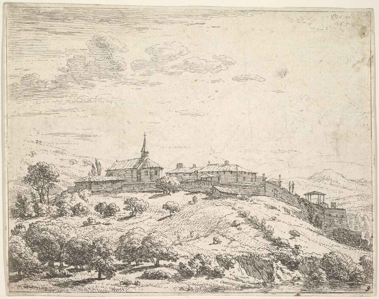 Ommuurd dorp op een heuvel, met kerk links en gebouwen gebouwd op de helling, 1658 door Karel Du Jardin