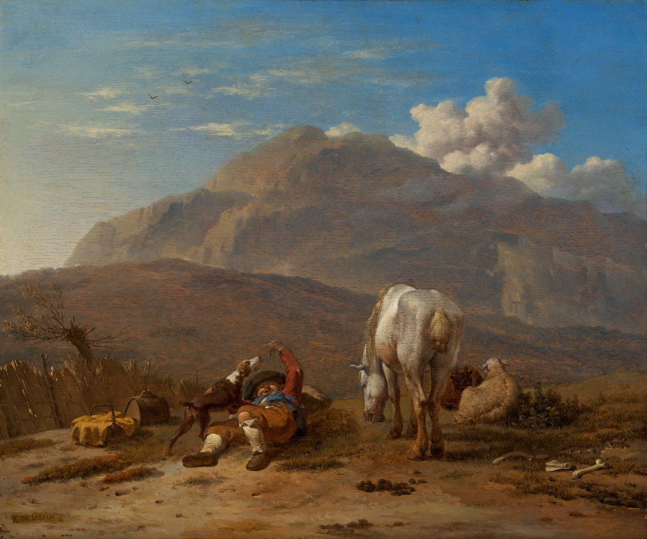 Italiaans landschap met een jonge herder die met zijn hond speelt door Karel Dujardin