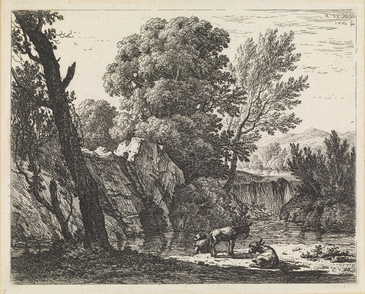 Landschap met man en twee ezels door Karel Dujardin