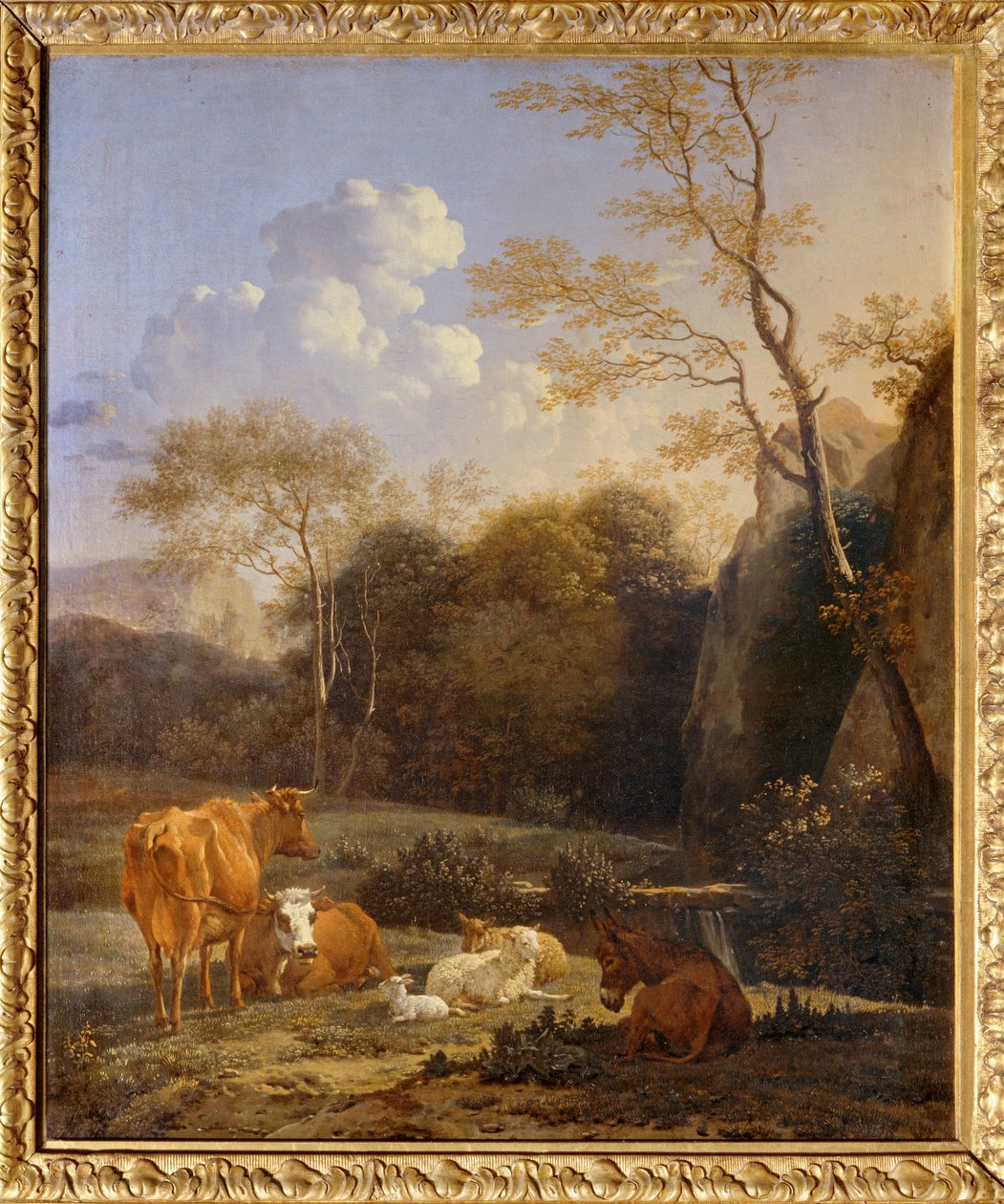 Le bocage, Koeien, ezels en schapen bij een beekje ... door Karel Dujardin