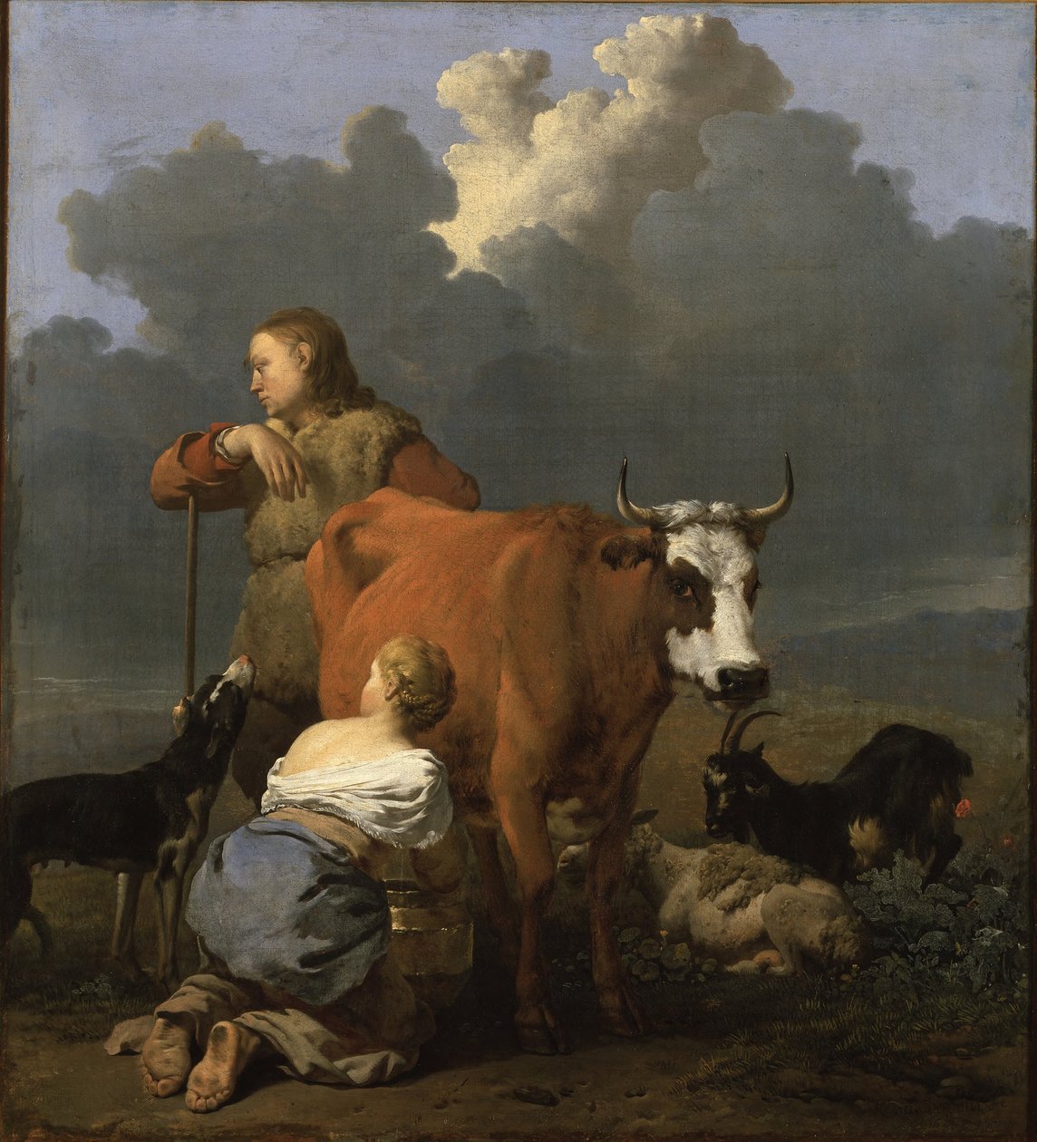 Boerenmeisje dat een koe melkt door Karel Dujardin