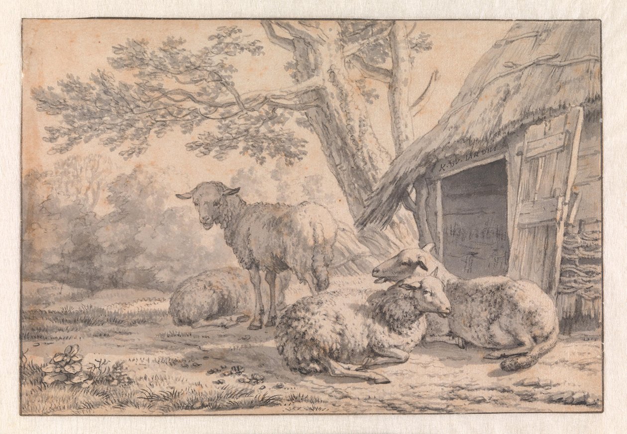 Schapen bij een schuur door Karel Dujardin