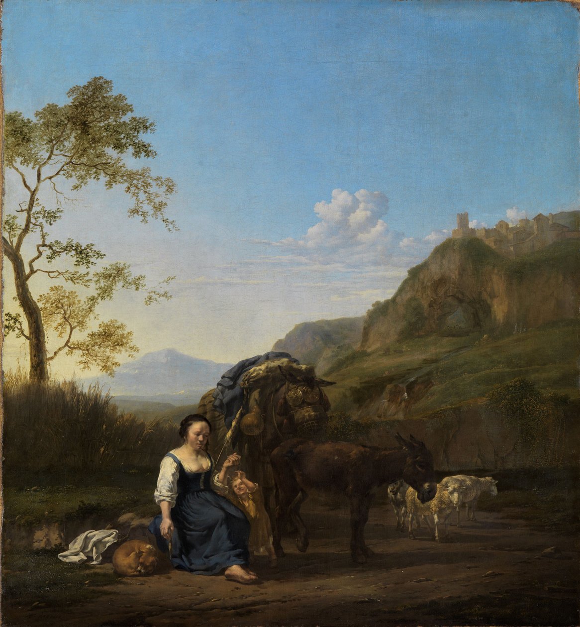 Spinnende boerin in een Italiaans berglandschap door Karel Dujardin